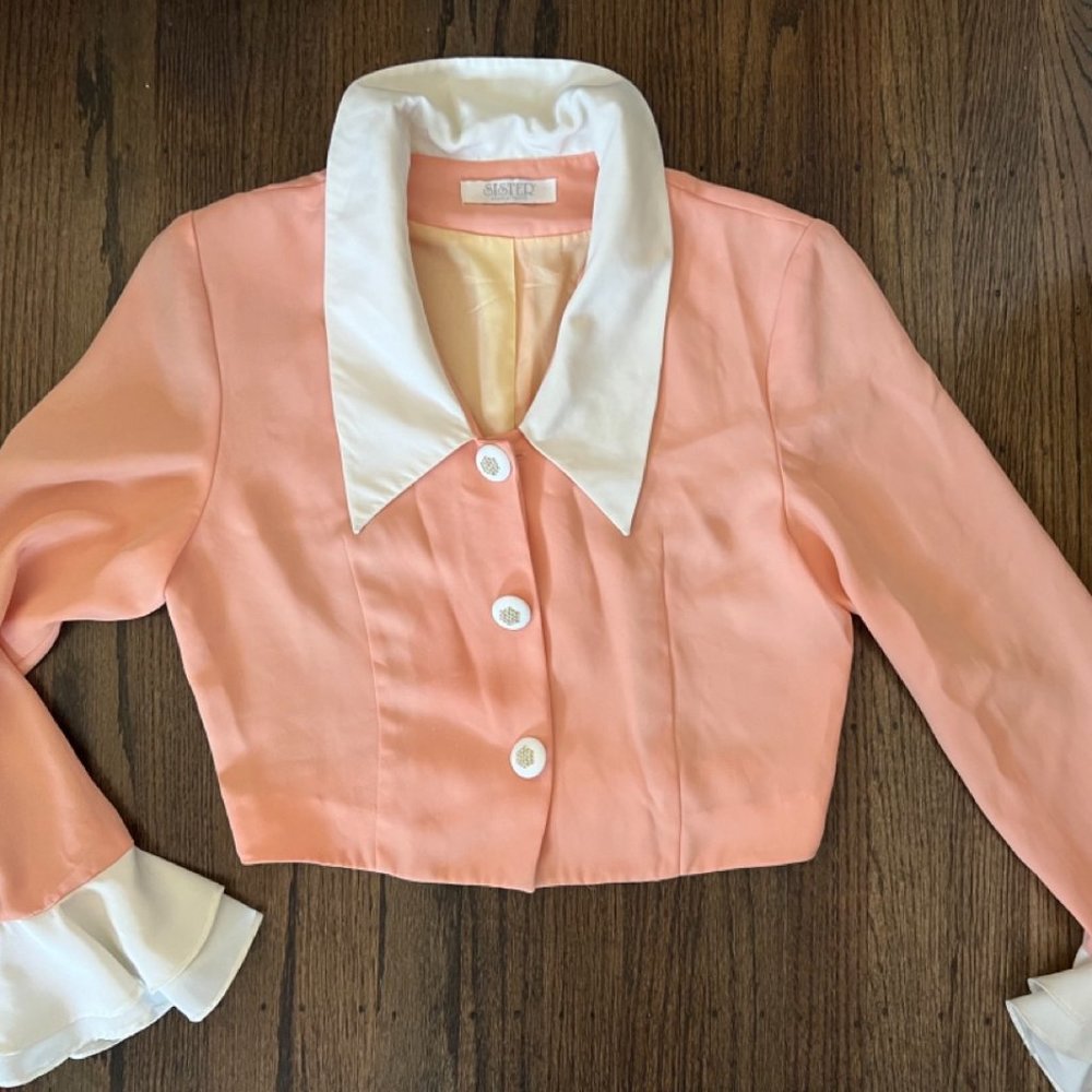 Sister style in Tokyo Peach Crop Blouse with ruffles